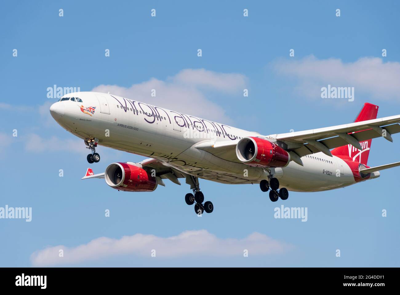 Virgin Atlantic Airbus A330 airliner jet plane G-VSXY named Beauty Queen coming in on finals to land at London Heathrow Airport, UK. Virgin plane Stock Photo