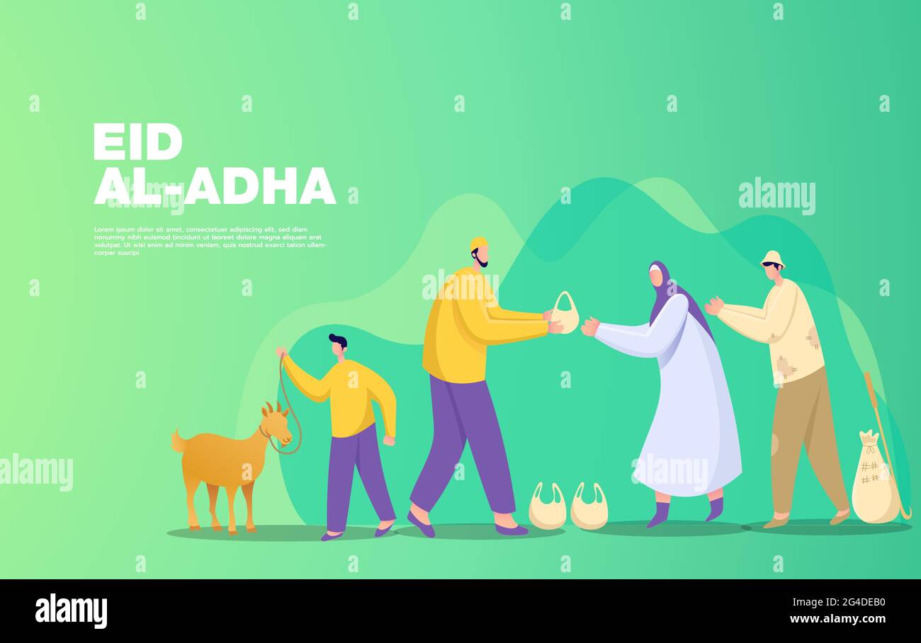 Eid al Adha mubarak greeting concept. illustration of sharing the meat of the sacrificial animal that has been cut Stock Vector
