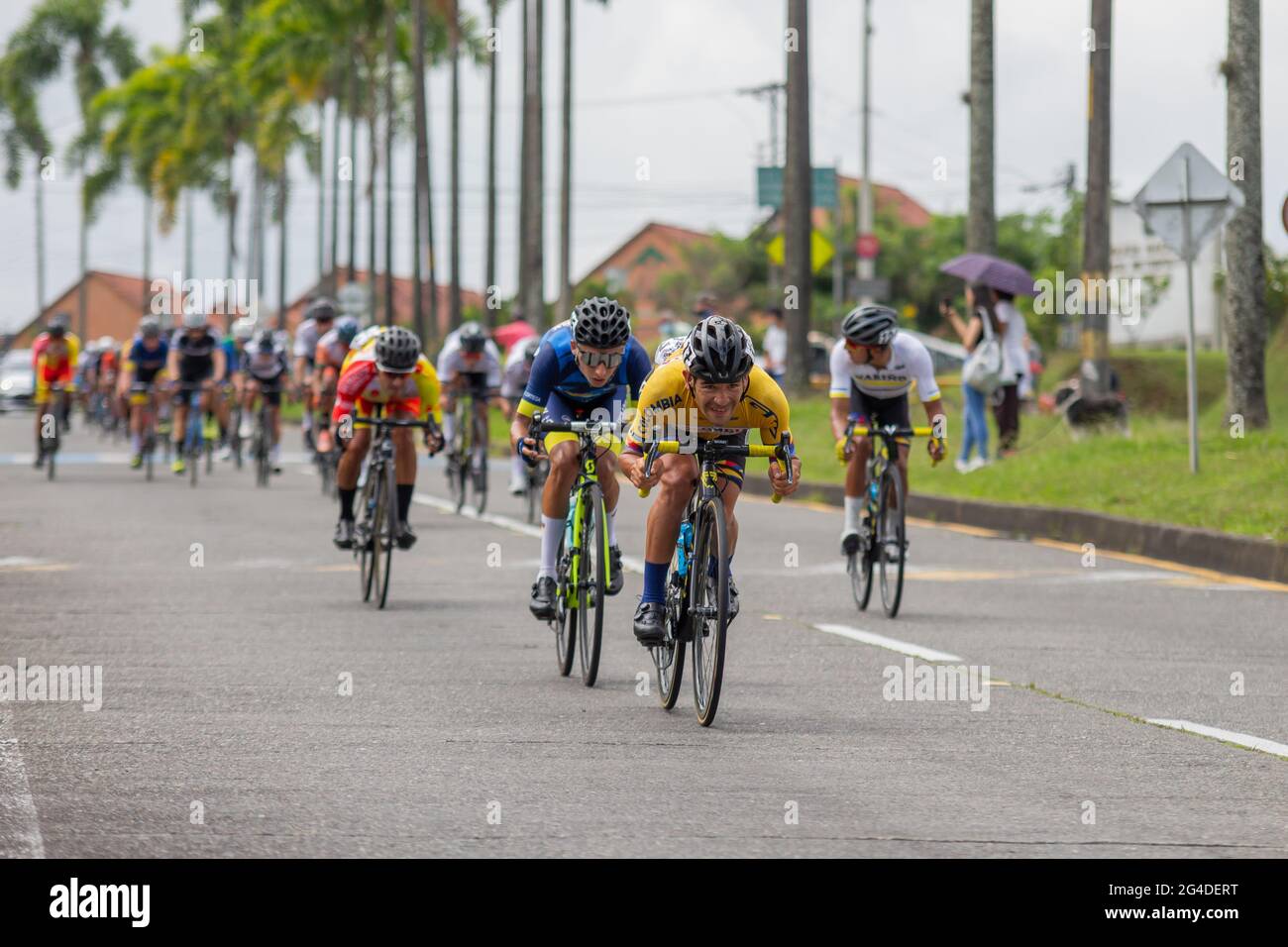 Pereira, Colombia. 20th June, 2021. Cyclists of the team Colombia Tierra de Atletas during the elite category race of the Colombian National Road Race Bicycle Championship in Pereira, Colombia, on June 20, 2021. Credit: Long Visual Press/Alamy Live News Stock Photo