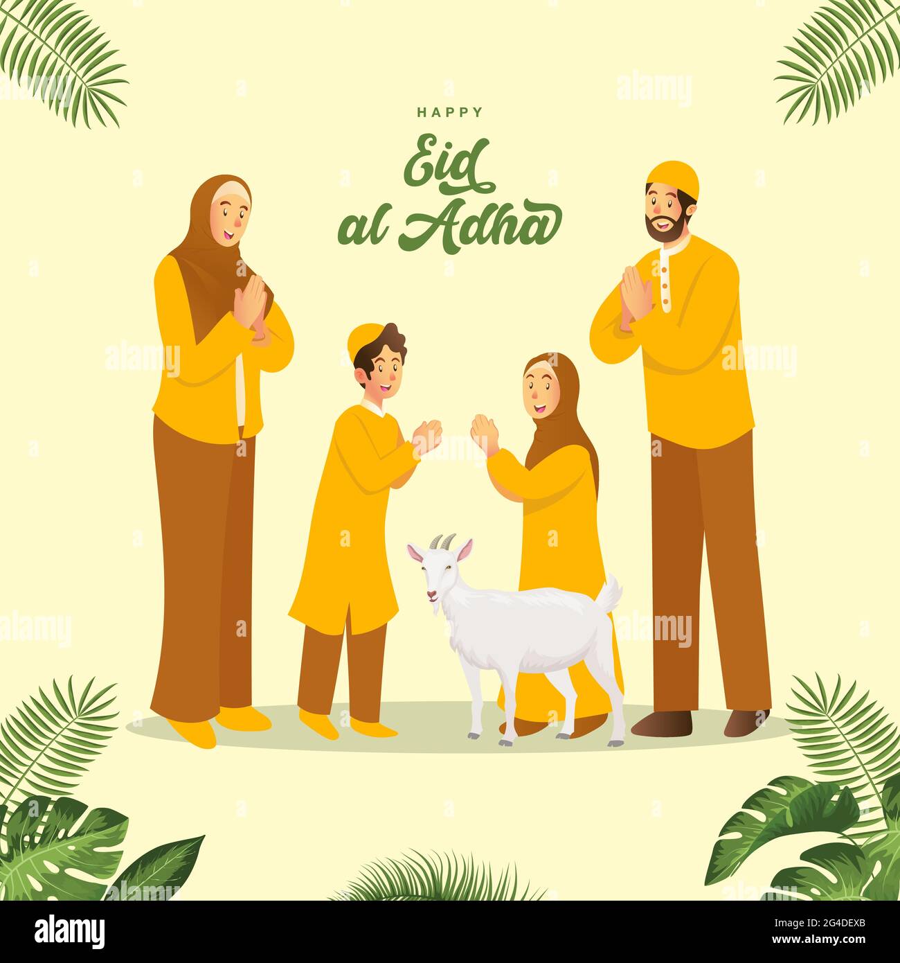 Eid al Adha greeting card. cartoon muslim family celebrating Eid al Adha with a goat for sacrificial animal Stock Vector