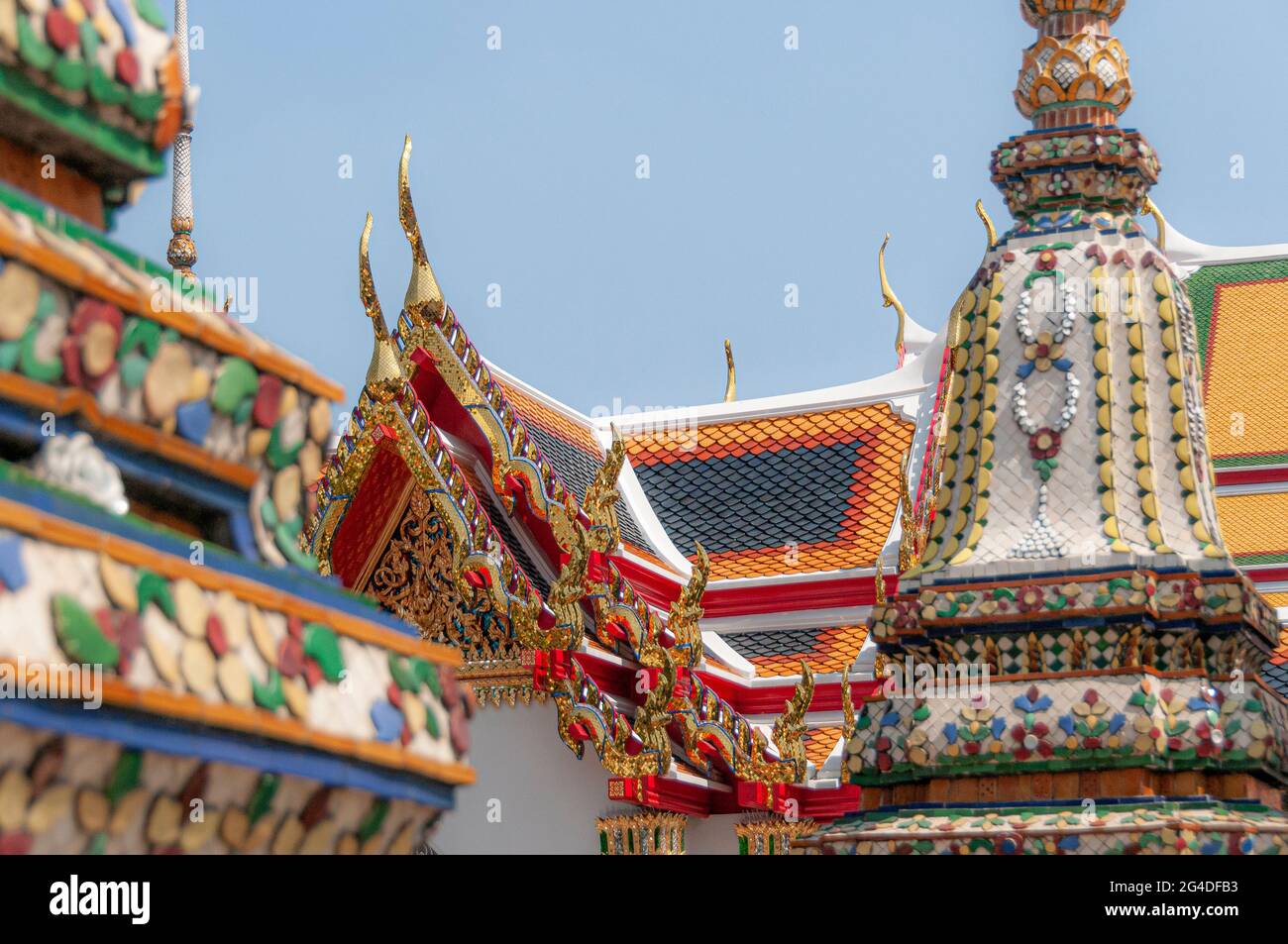 Highly ornate colourful decoration at Wat Pho Wat Po Buddhist temple in Bangkok in Thailand in South East Asia. Stock Photo