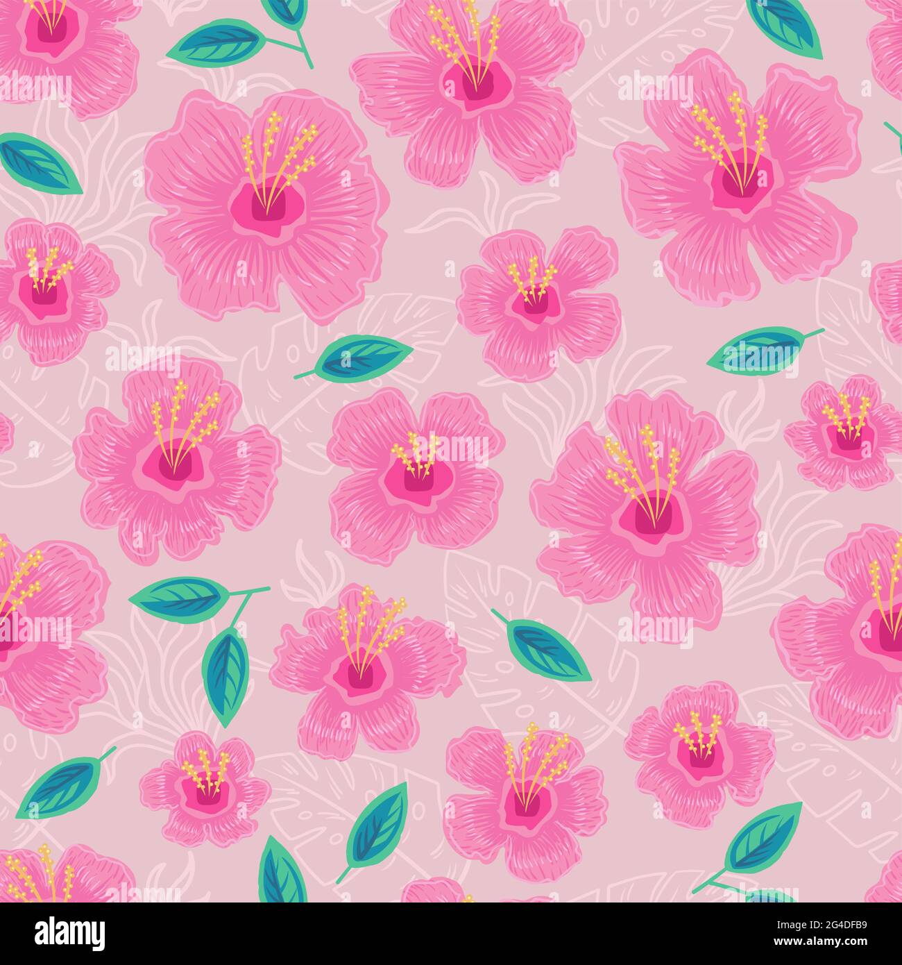 Seamless pattern with tropical flowers and leaves. Stock vector illustration.Endless pattern. Stock Vector