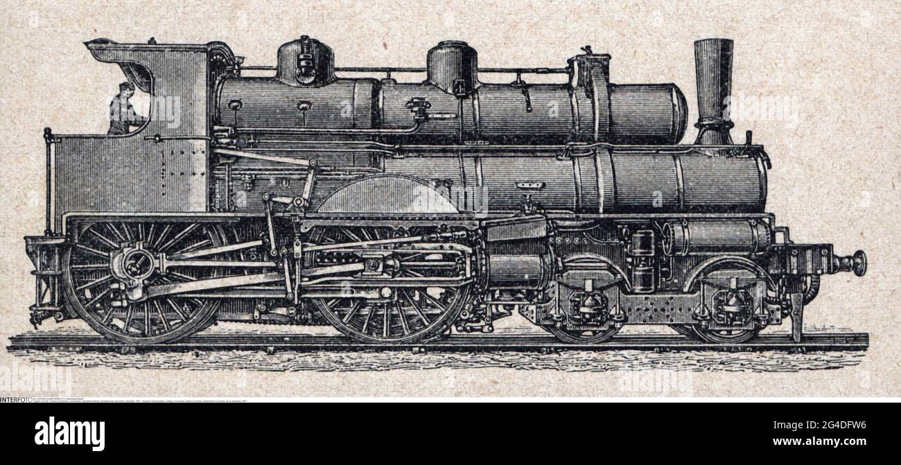 transport / transportation, railway, locomotives, steam locomotive, steamboiler locomotive, wood engraving, ARTIST'S COPYRIGHT HAS NOT TO BE CLEARED Stock Photo