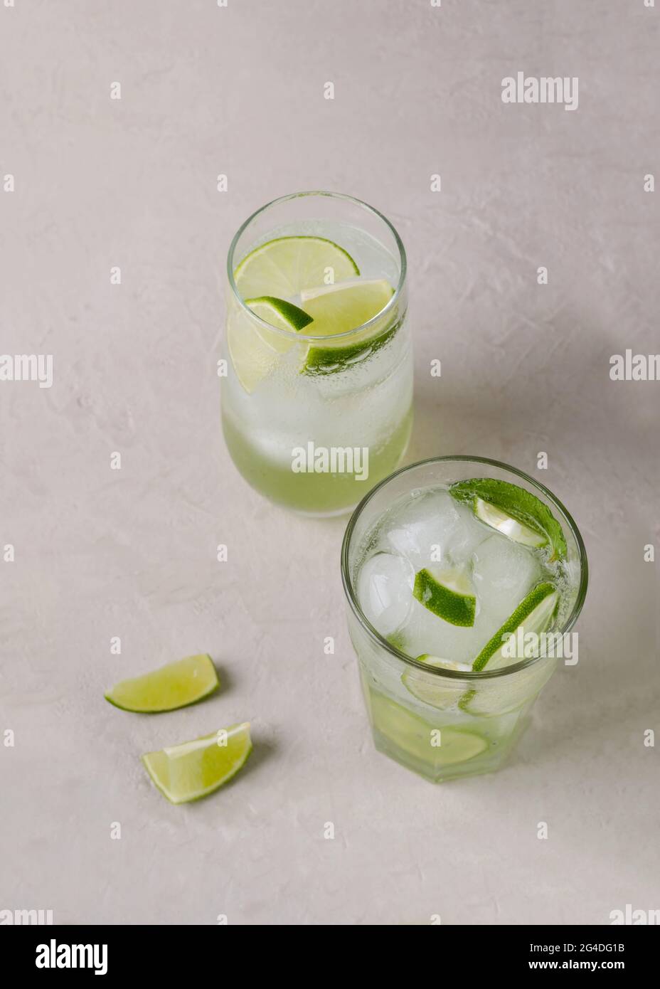The water is mineral with lime and ice in transparent glasses. Cold ...