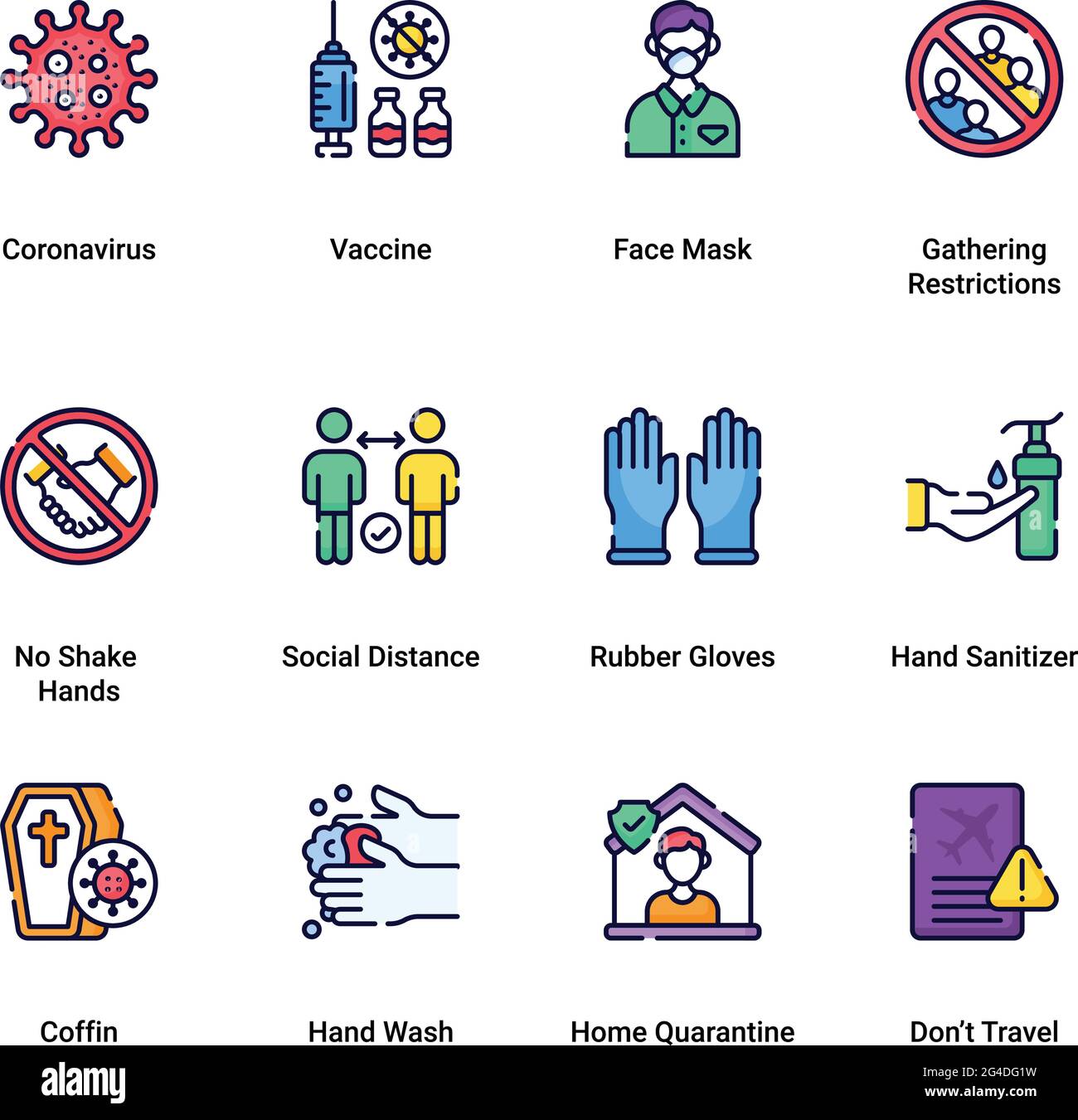 Vector Covid-19 Prevention Filled Outline Icons. Coronavirus, Social Distancing, Quarantine, Hand Washing, Stay Home. 48x48 Pixel Perfect. Editable St Stock Vector