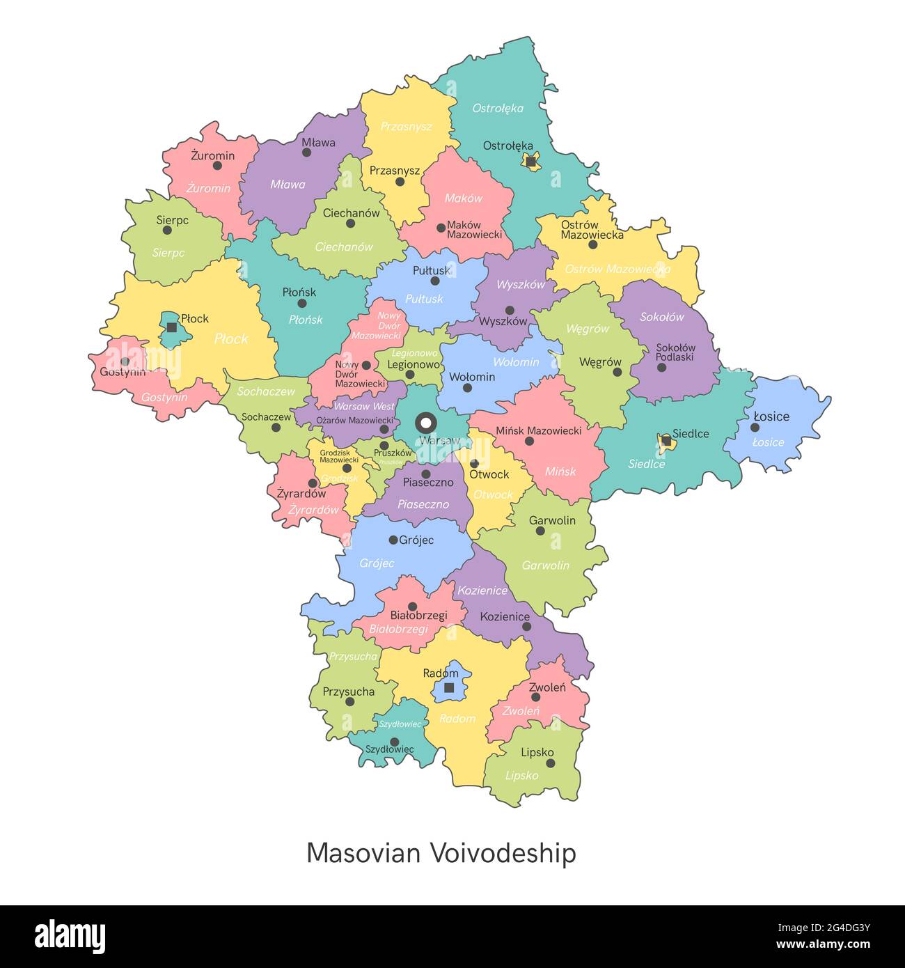 vector illustration: administrative map of Poland. Masovian Voivodeship ...