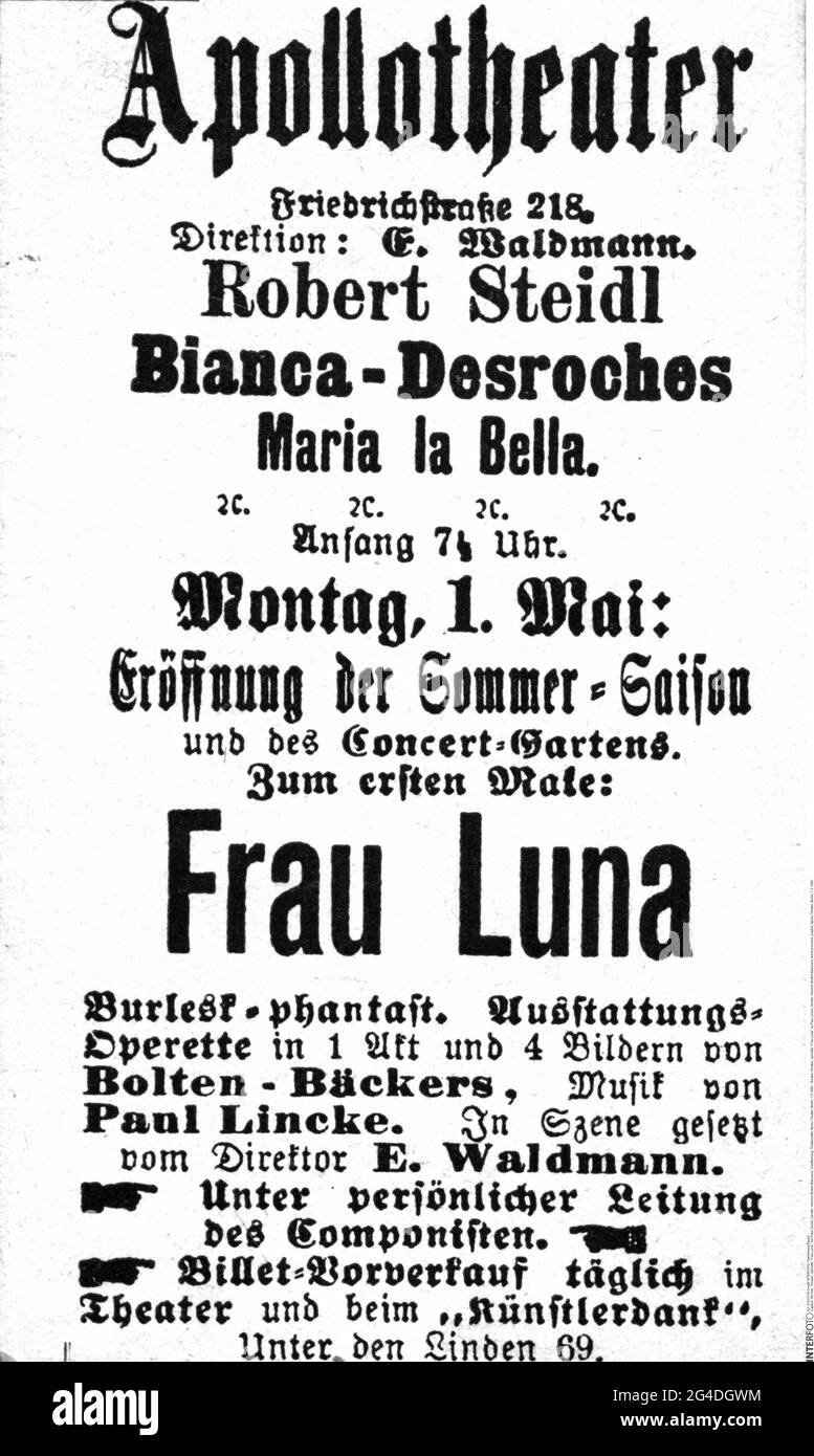 theatre / theater, operetta, 'Frau Luna', by Paul Lincke, libretto: Heinrich Bolten-Baeckers, ARTIST'S COPYRIGHT HAS NOT TO BE CLEARED Stock Photo