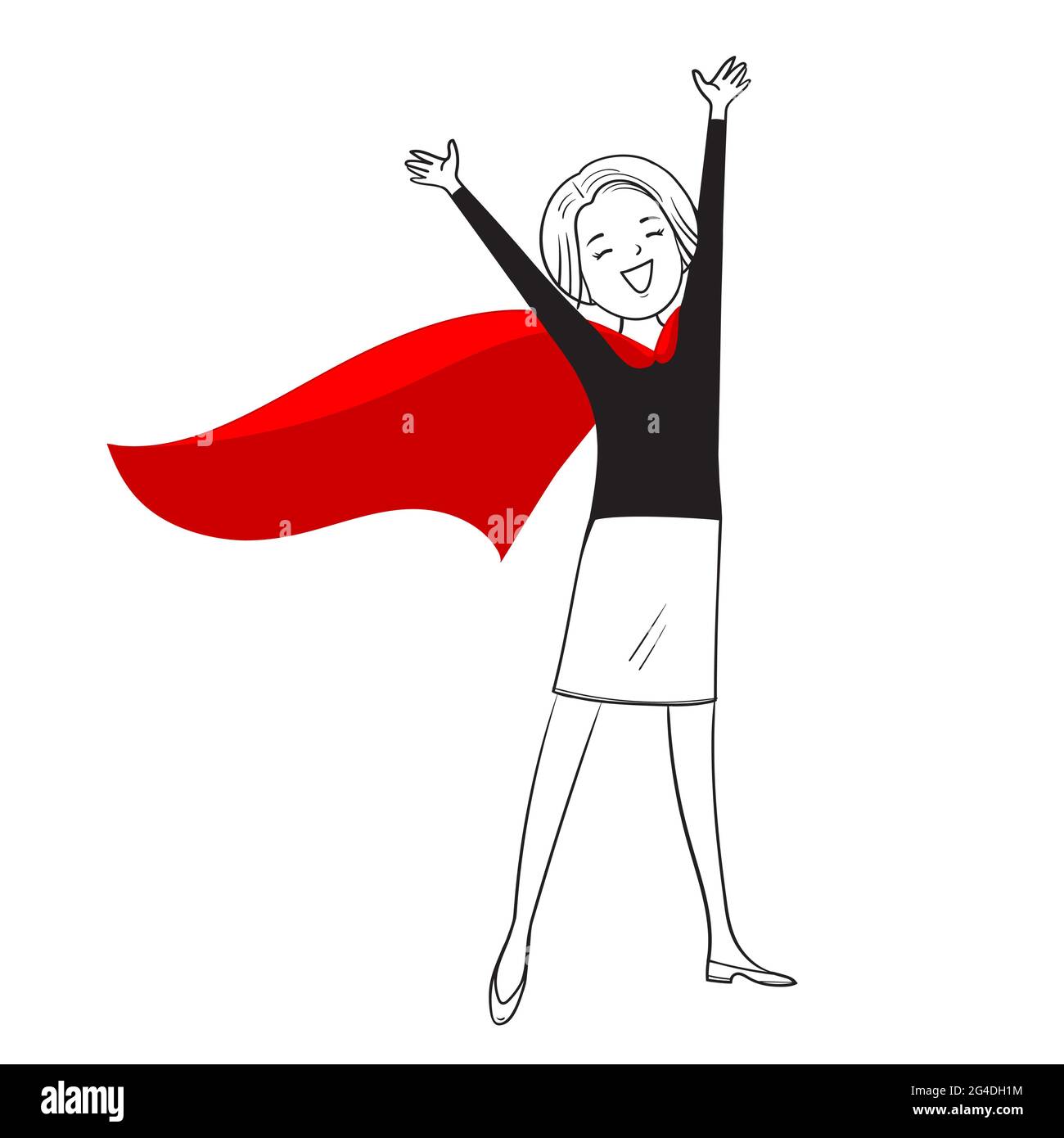 Vector Woman in Red Cloak isolated on white background. Businesswoman with Hands up.Cartoon hero standing with cape waving in wind. Concept of leader Stock Vector