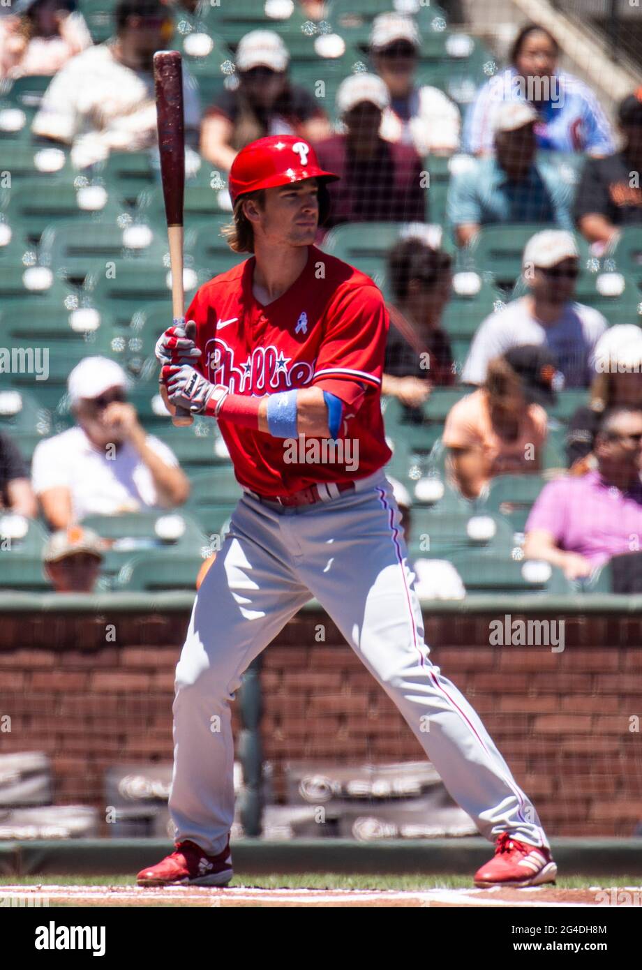 June 20 2021 San Francisco CA, U.S.A. The Phillies catcher J.T. Realmuto  (10) up at bat during the MLB game between the Philadelphia Phillies and  San Francisco Giants, Phillies lost 11-2 at