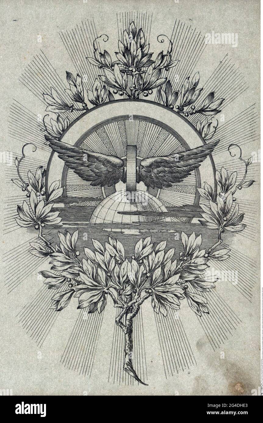 allegories, railway, wheel with wings on the globe in front of the sunrise, wood engraving, 19th century, ARTIST'S COPYRIGHT HAS NOT TO BE CLEARED Stock Photo