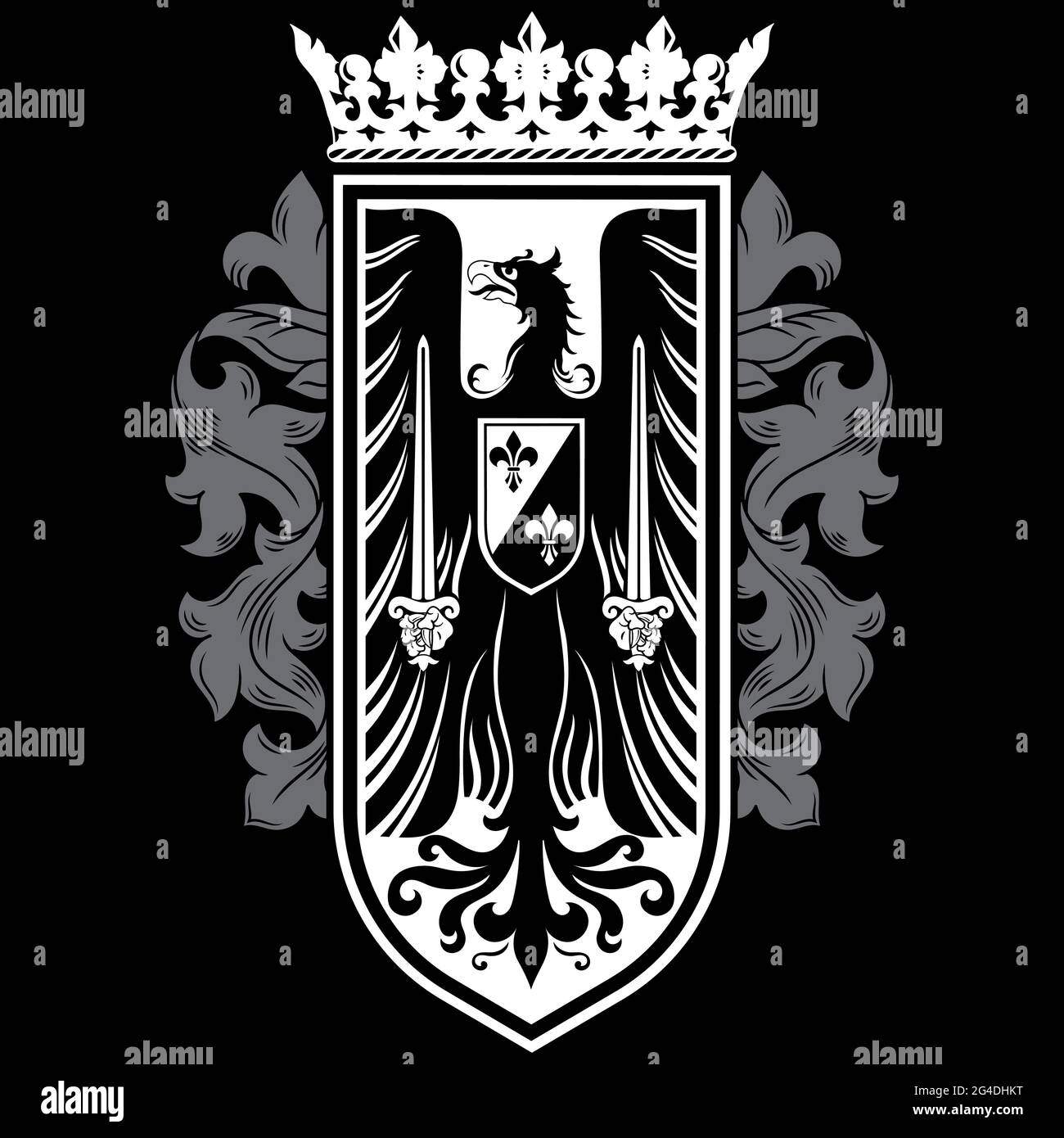 Knightly design. Medieval heraldic emblem design, heraldic eagle, and knights shield Stock Vector