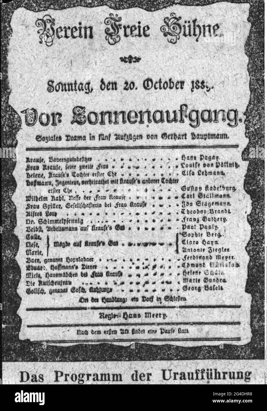 theatre / theater, play, 'Vor Sonnenaufgang', of Gerhart Hauptmann, world premiere, playbill, ARTIST'S COPYRIGHT HAS NOT TO BE CLEARED Stock Photo