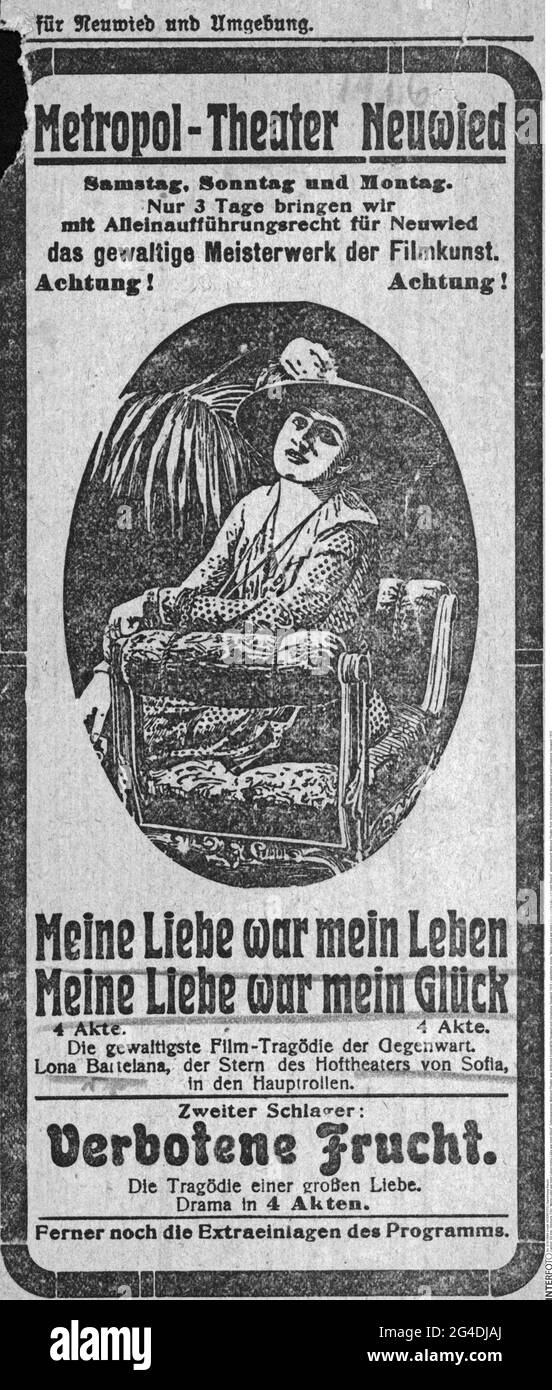 advertising, movie, 'Meine Liebe war mein Leben meine Liebe war mein Glueck', advertisement, ARTIST'S COPYRIGHT HAS NOT TO BE CLEARED Stock Photo