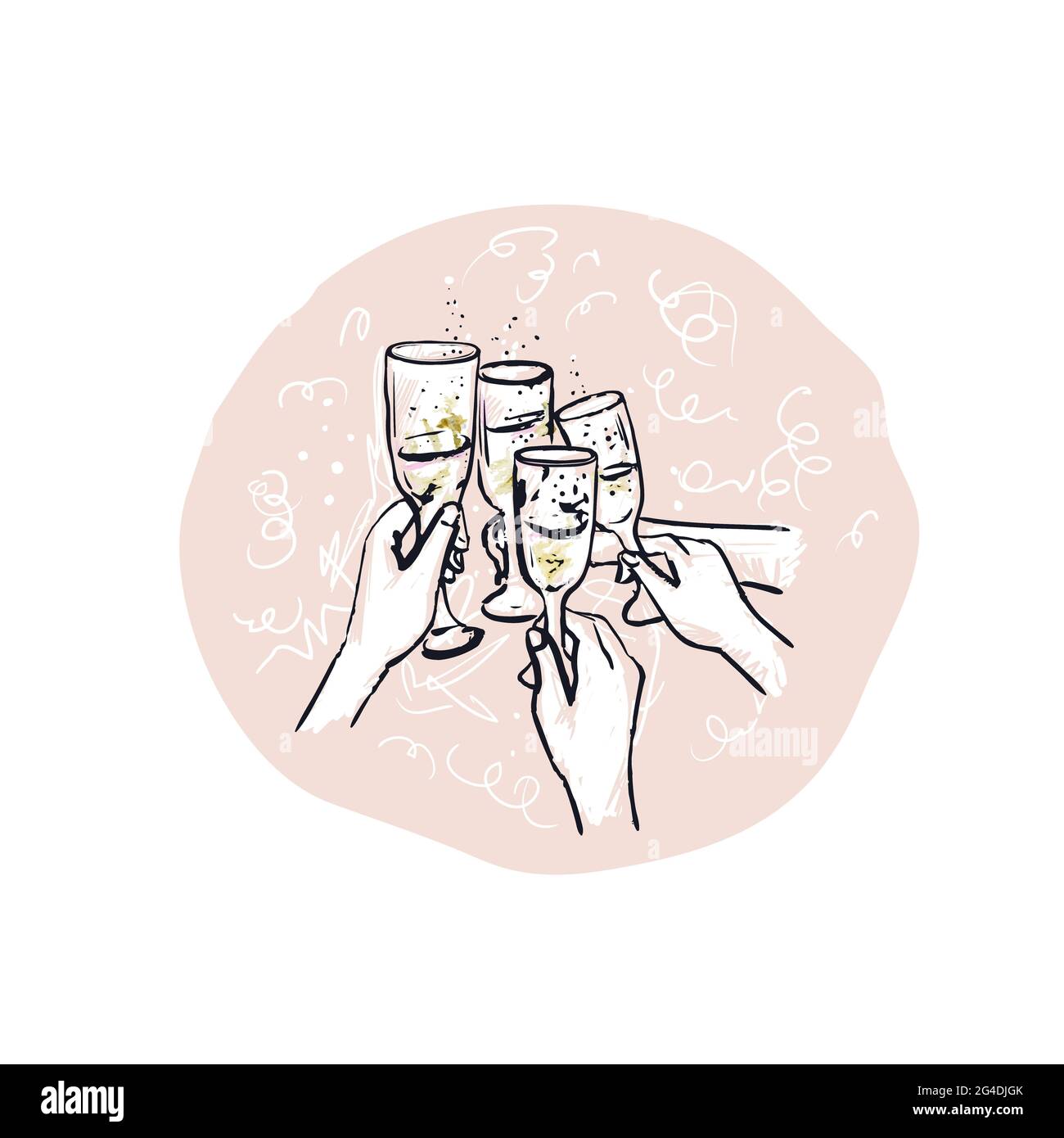 Friends clink glasses with champagne.Christmas party. Friends persons celebrating holiday event together at the party.Illustration for a party invitat Stock Photo