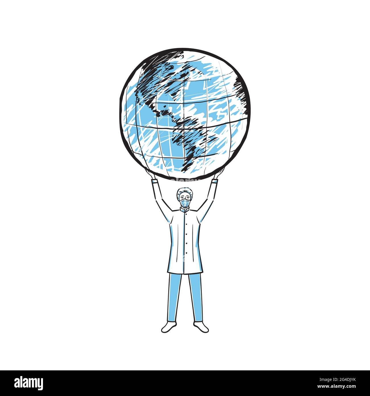 A Doctor in medical mask holds a globe in his hands and saving the world from Covid-19. Coronavirus protection concept. Thank you to the medical staff Stock Vector