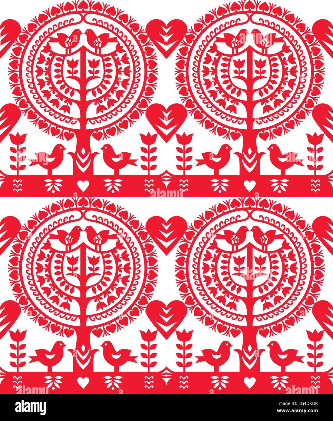 Polish folk art seamless vectorpattern Wycinanki Kurpiowskie - Kurpie Papercuts with birds, hearts tree and flowers Stock Vector