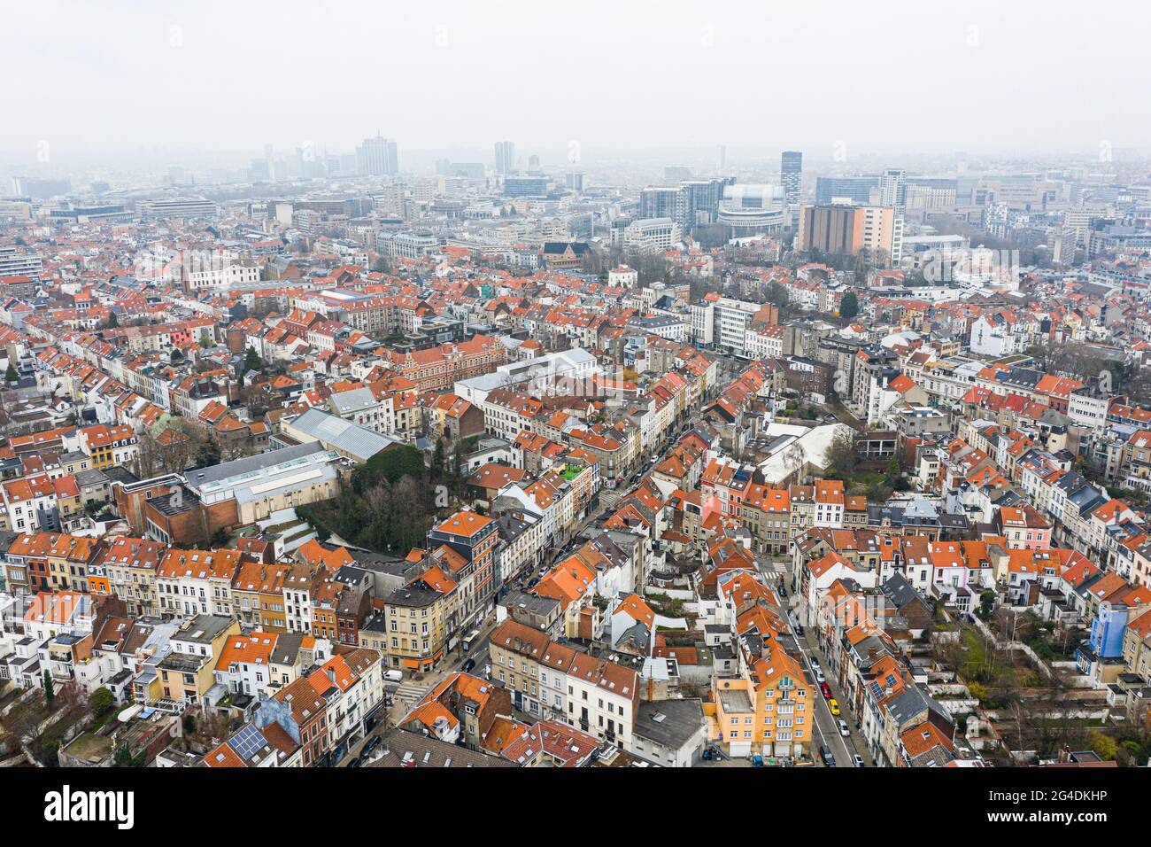 Brussels, Belgium,  January 3, 2021:    Old town of Brussels view from above. European commission building on the background Stock Photo