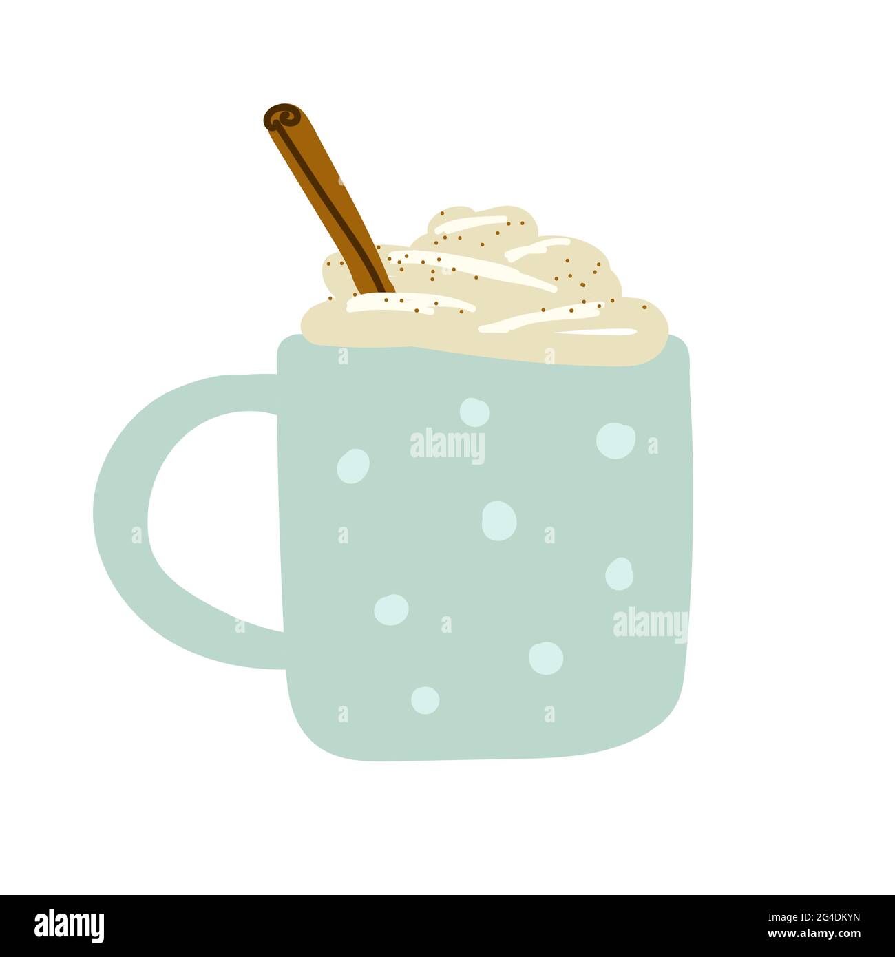 Cozy scandinavian food vector illustration. A blue cup is filled with hot drink, foam, cream, cinnamon. Eggnog, coffee, cocoa, chocolate, milk isolate Stock Vector