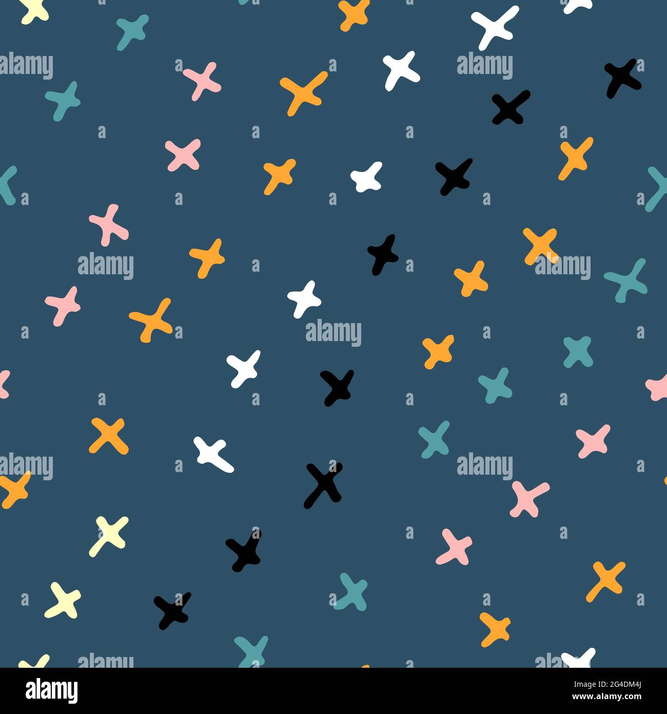 Seamless Scandinavian pattern. Strips of Yellow, pink, black hand-drawn crosses on blue background. Neutral cozy ornament. Vector doodle illustrations Stock Vector