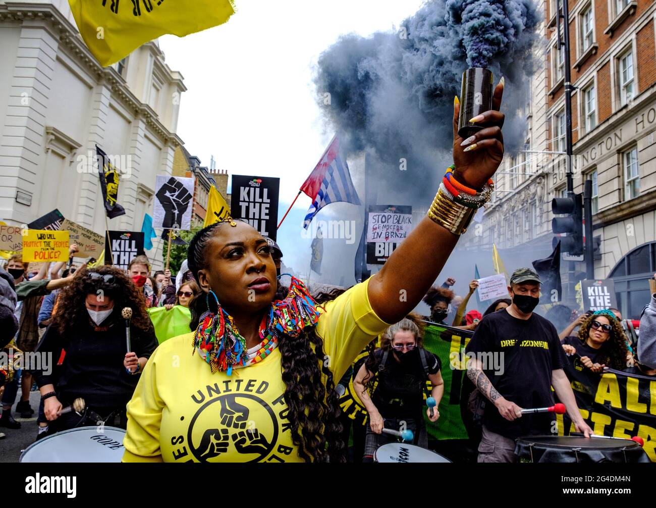 Marvina Newton leading a demonstration of Black lives Matter / Kill the Bill fighting against the use of police power as a means of silencing black voices, in response to recent killings of black people by the police. May 2021 Stock Photo