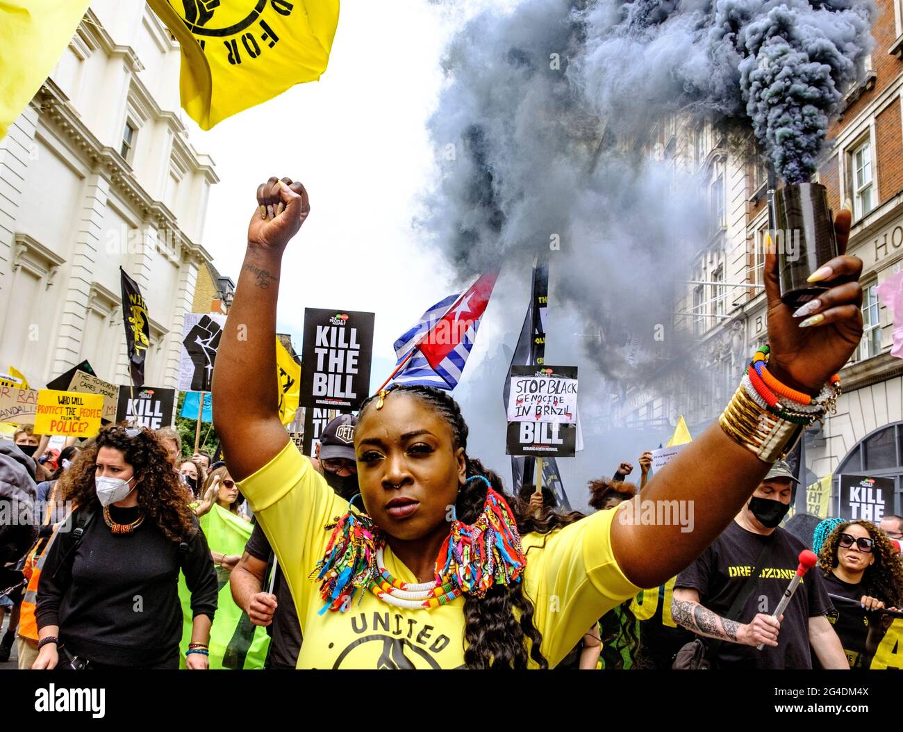 Marvina Newton leading a demonstration of Black lives Matter / Kill the Bill fighting against the use of police power as a means of silencing black voices, in response to recent killings of black people by the police. May 2021 Stock Photo