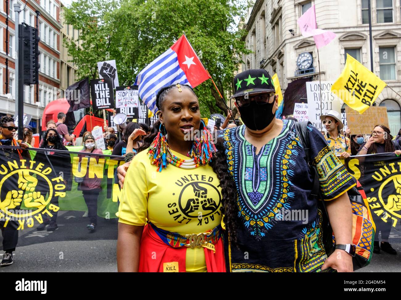 Marvina Newton and lee Jasper at Black lives Matter protesting along side Kill the Bill demonstration. led by the UK branch of Black Lives Matter, specifically fighting against the use of police power as a means of silencing black voices, in response to recent killings of black people by the police. Stock Photo