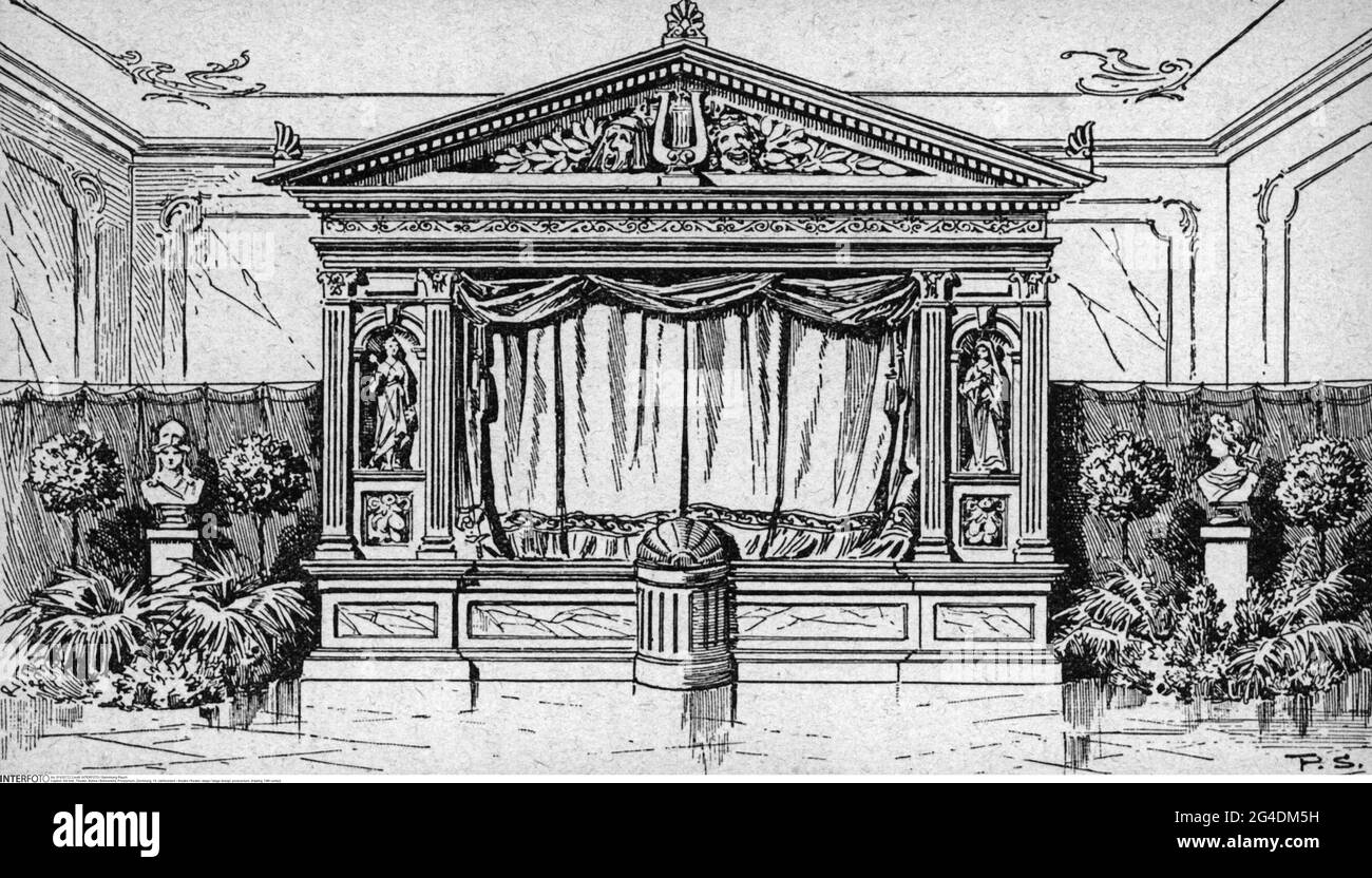 theatre / theater, stage / stage design, proscenium, drawing, 19th century, ARTIST'S COPYRIGHT HAS NOT TO BE CLEARED Stock Photo