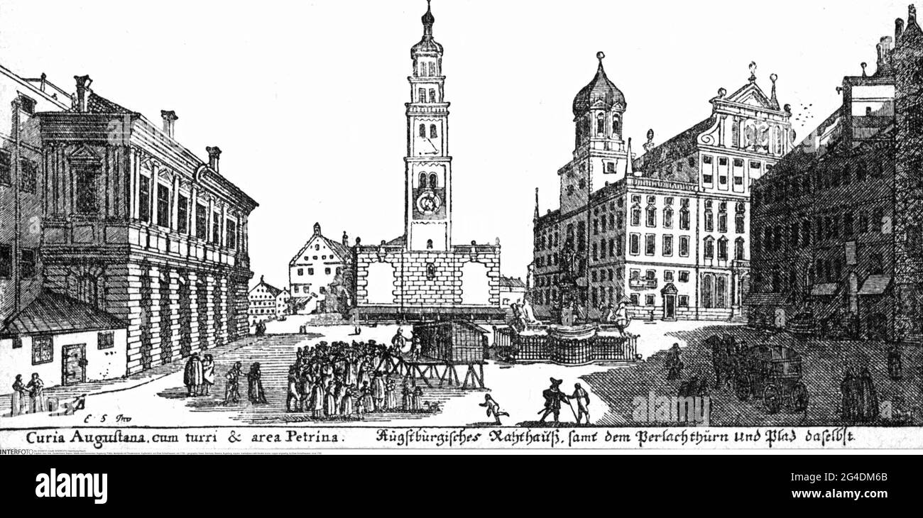 geography / travel, Germany, Bavaria, Augsburg, square, marketplace with theatre scene, copper engraving, ARTIST'S COPYRIGHT HAS NOT TO BE CLEARED Stock Photo