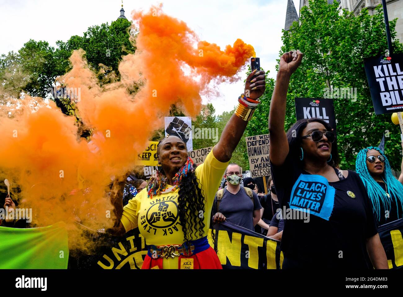 Marvina Newton and Delia Mattis at a Black lives Matter / Kill the Bill demonstration. fighting against the use of police power as a means of silencing black voices, in response to recent killings of black people by the police. May 2021 Stock Photo