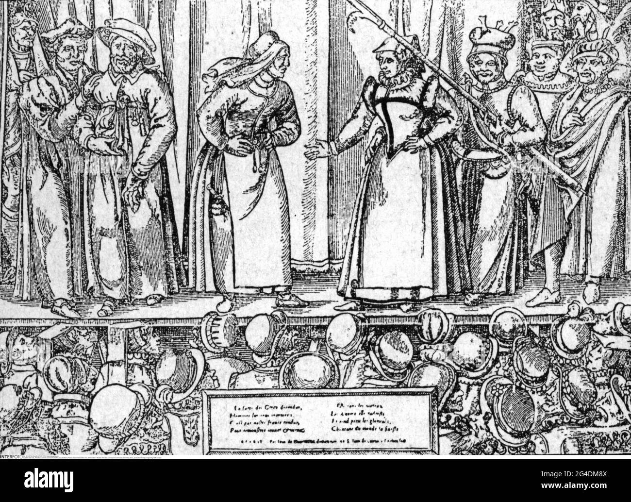 theatre / theater, comedy and comedian, Germany, farce, production design, engraving, 15th century, ARTIST'S COPYRIGHT HAS NOT TO BE CLEARED Stock Photo