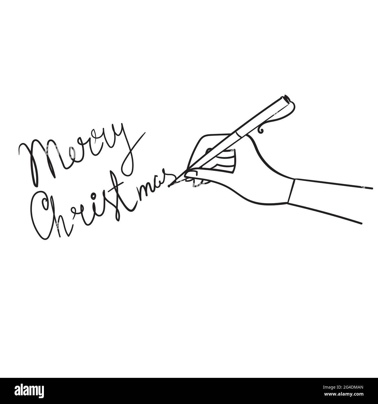 Hand with a pen. Woman writes Merry Christmas, Hand drawing. Linear stock illustration isolated on white background.Greeting card. Man writes a letter Stock Vector
