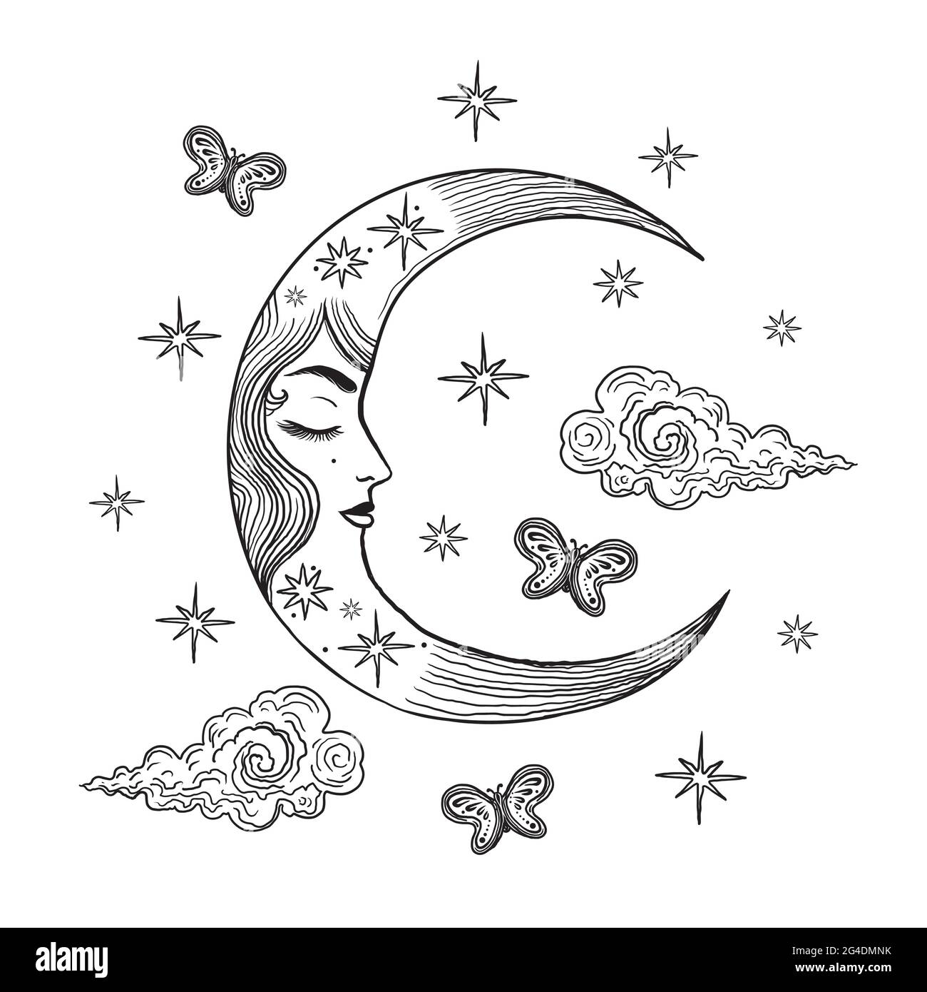 Crescent with moth and  Female face in the  design,  mystic magic  style. Hand drawing illustration isolated on white  Stock Vector Image & Art - Alamy