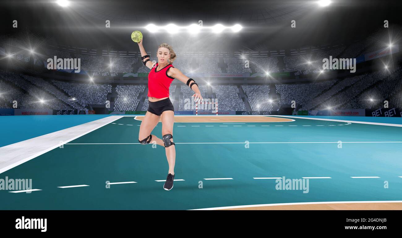 Portrait of female throw ball player against sports field in background