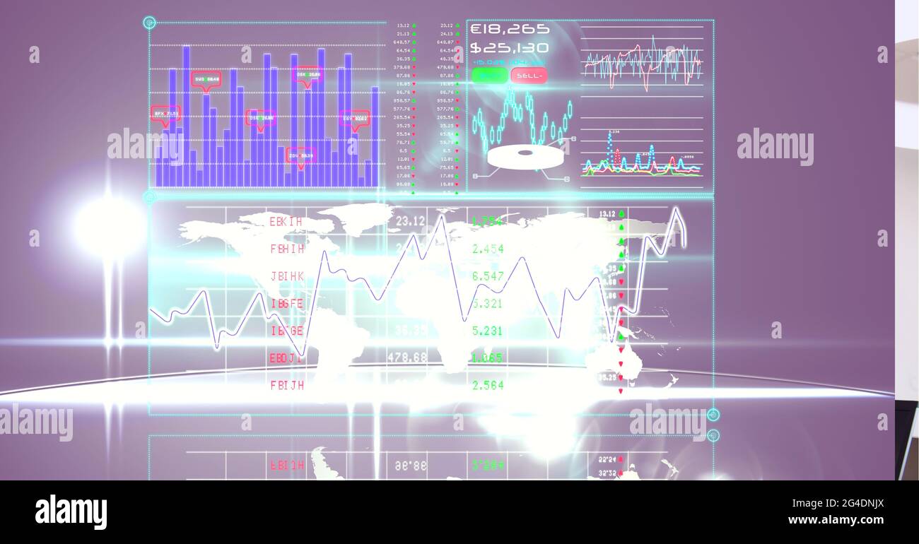 Digital interface with data processing over world map against spot of ...