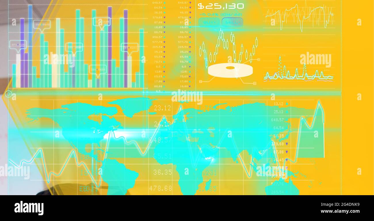 Digital interface with data processing over world map against yellow ...