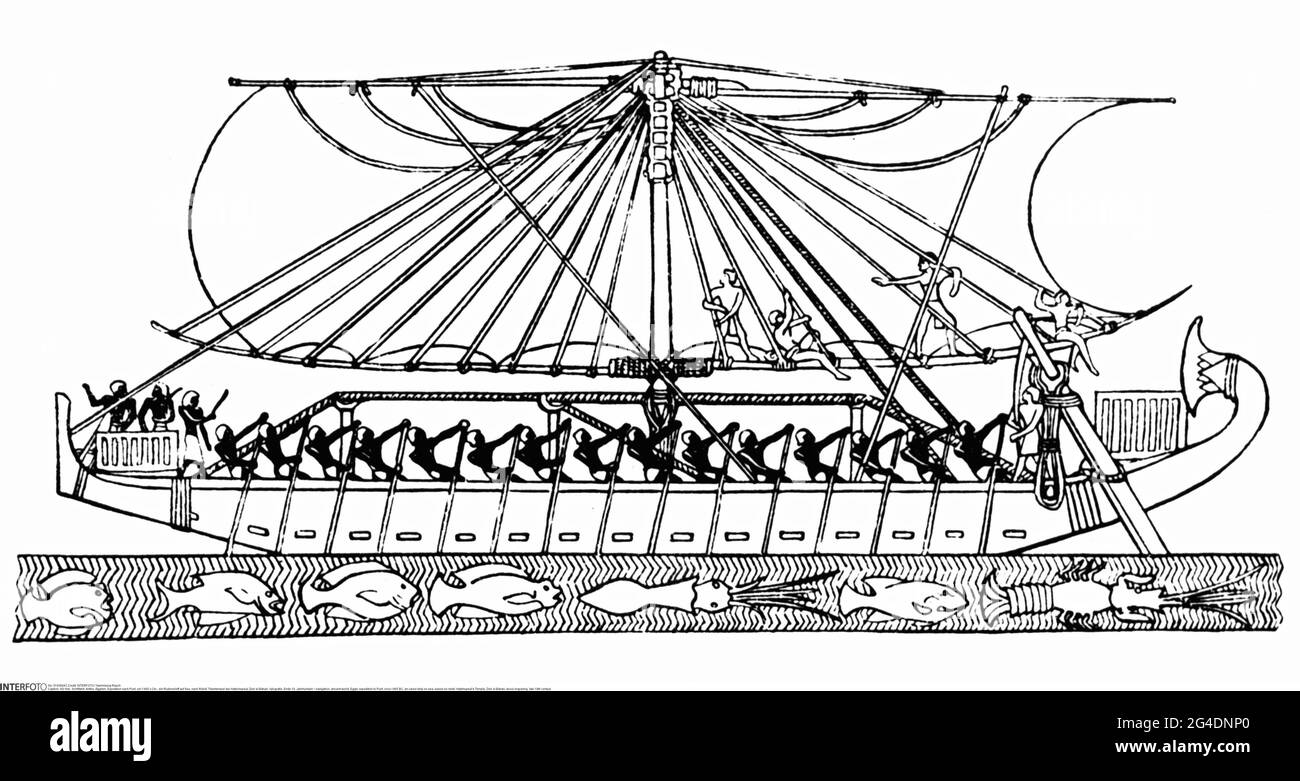navigation, ancient world, Egypt, expedition to Punt, circa 1465 BC, an oared ship on sea, based on relief, ARTIST'S COPYRIGHT HAS NOT TO BE CLEARED Stock Photo