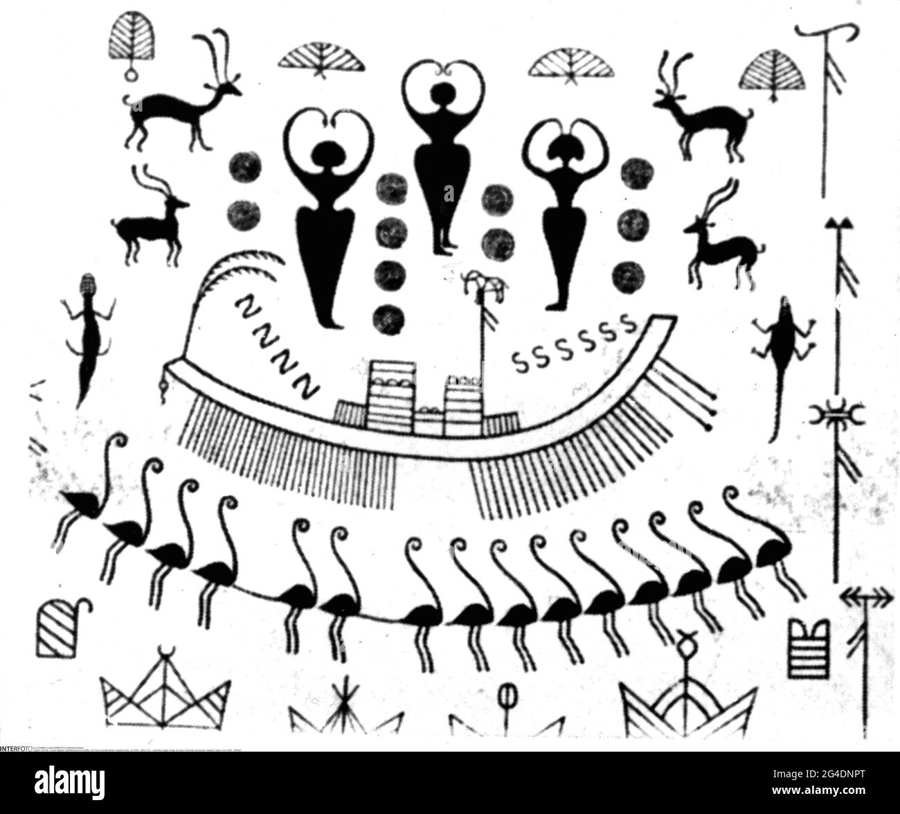 prehistory, Egypt, image of a ship, of animals and people, Naqada Culture, circa 4500 - 3000 BC, ARTIST'S COPYRIGHT HAS NOT TO BE CLEARED Stock Photo