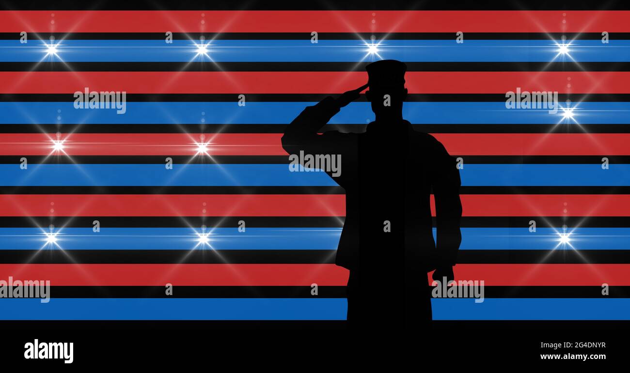 Composition of male soldier saluting over american flag Stock Photo - Alamy