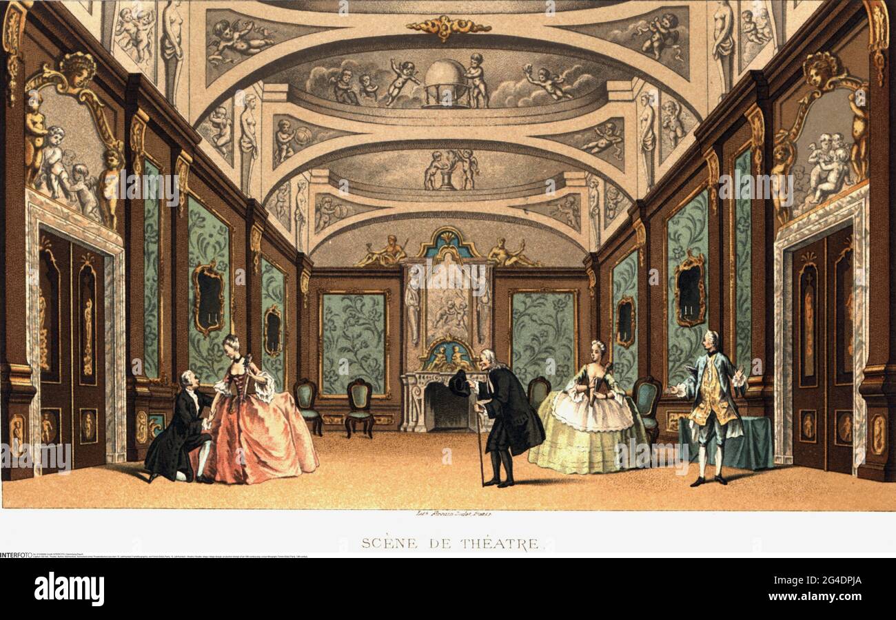 theatre / theater, stage / stage design, production design of an 18th century play, colour lithograph, ARTIST'S COPYRIGHT HAS NOT TO BE CLEARED Stock Photo