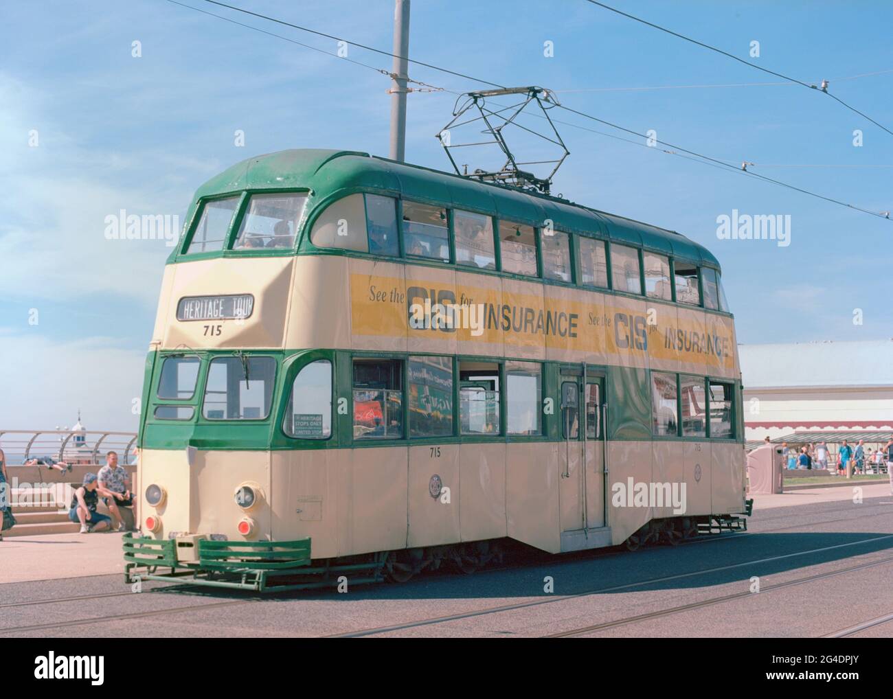 Blackpool, UK - 31 May 2021: A heritage double decker tram at the seafront for heritage tram tours. Stock Photo