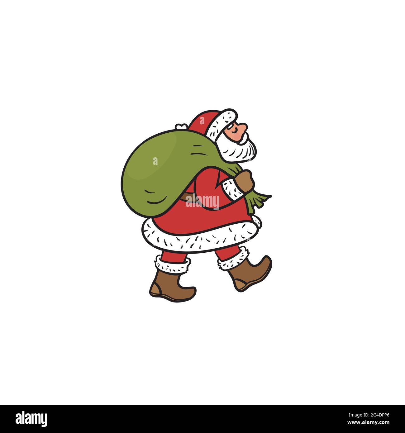 Santa Claus carries a bag with gifts isolated on white background. Color sticker. Stock Vector