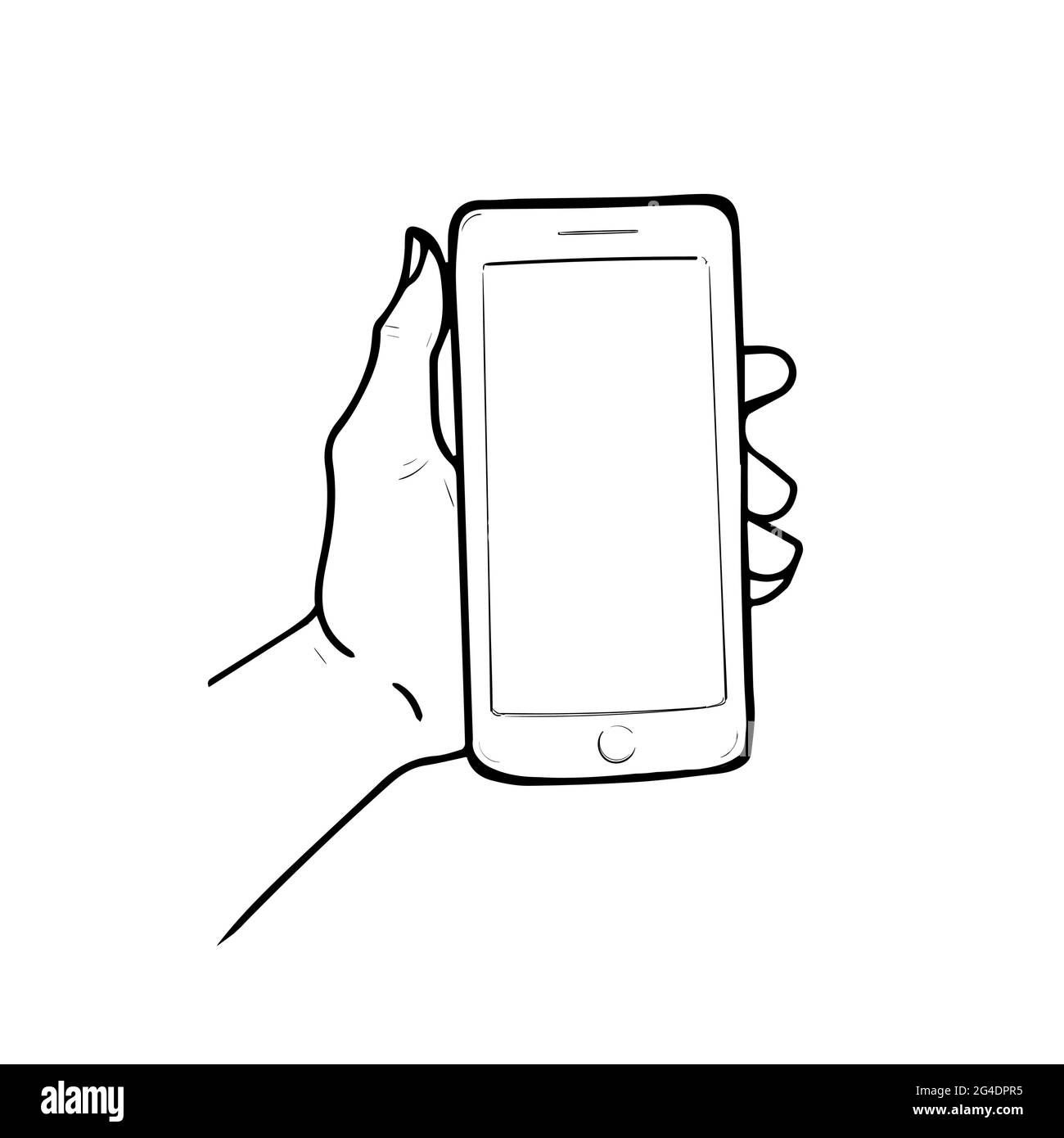 Man holds a mobile phone in his hand. The guy shows a   Black and white stock illustration isolated on white background, sketch  Stock Vector Image & Art - Alamy