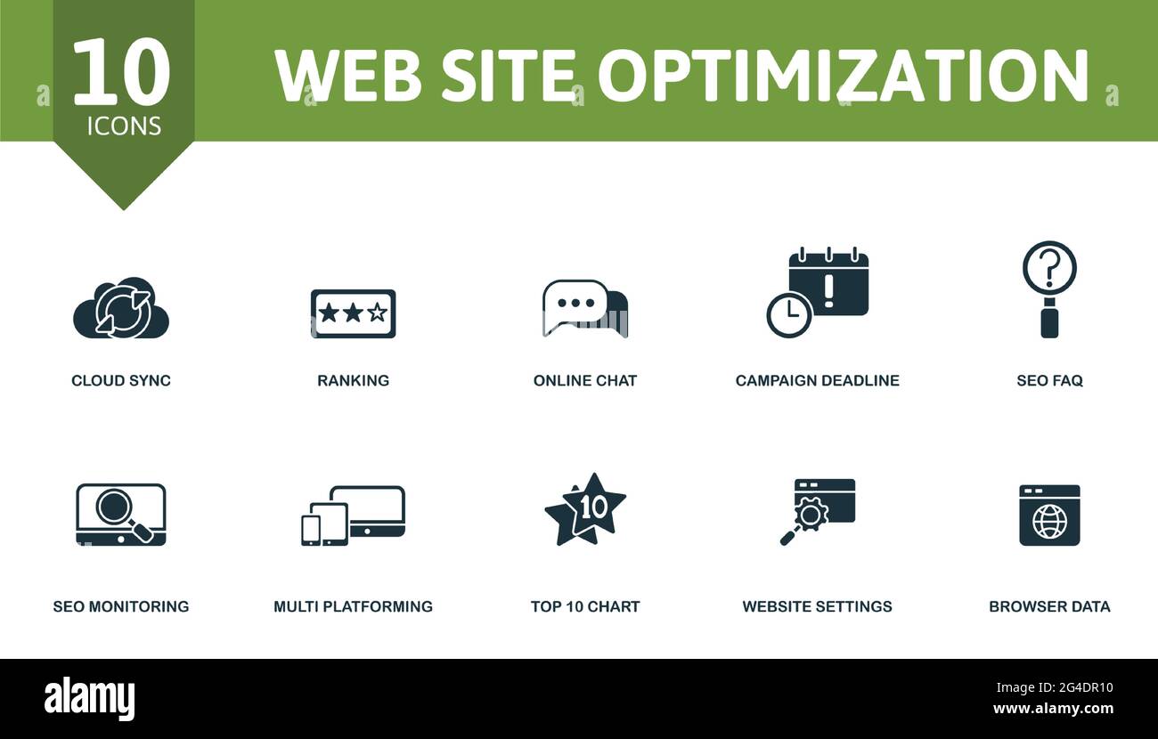 Web Site Optimization icon set. Contains editable icons theme such as cloud sync, online chat, seo faq and more. Stock Vector