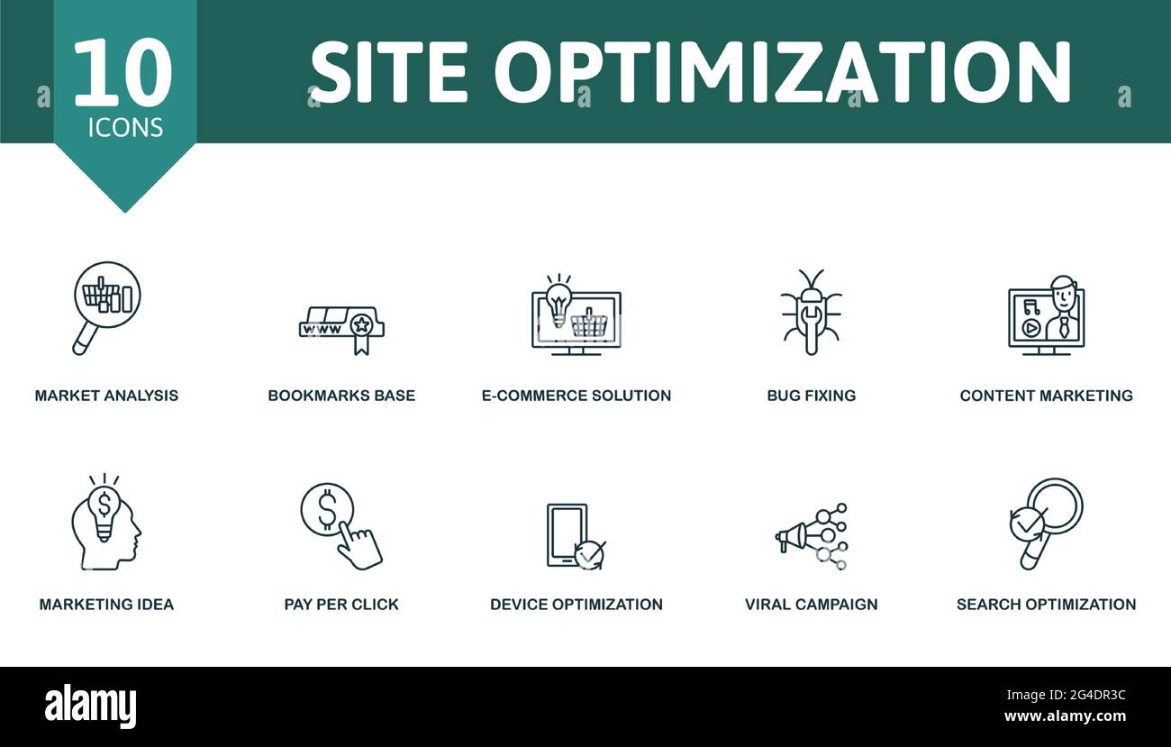 Site Optimization icon set. Contains editable icons seo theme such as market analysis, e-commerce solution, content marketing and more. Stock Vector