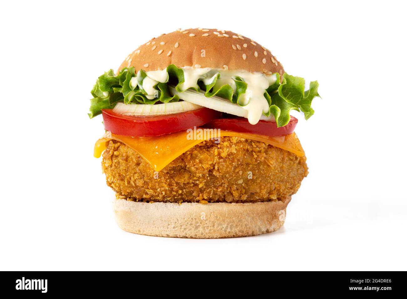 Crispy chicken burger with cheese isolated on white background Stock Photo