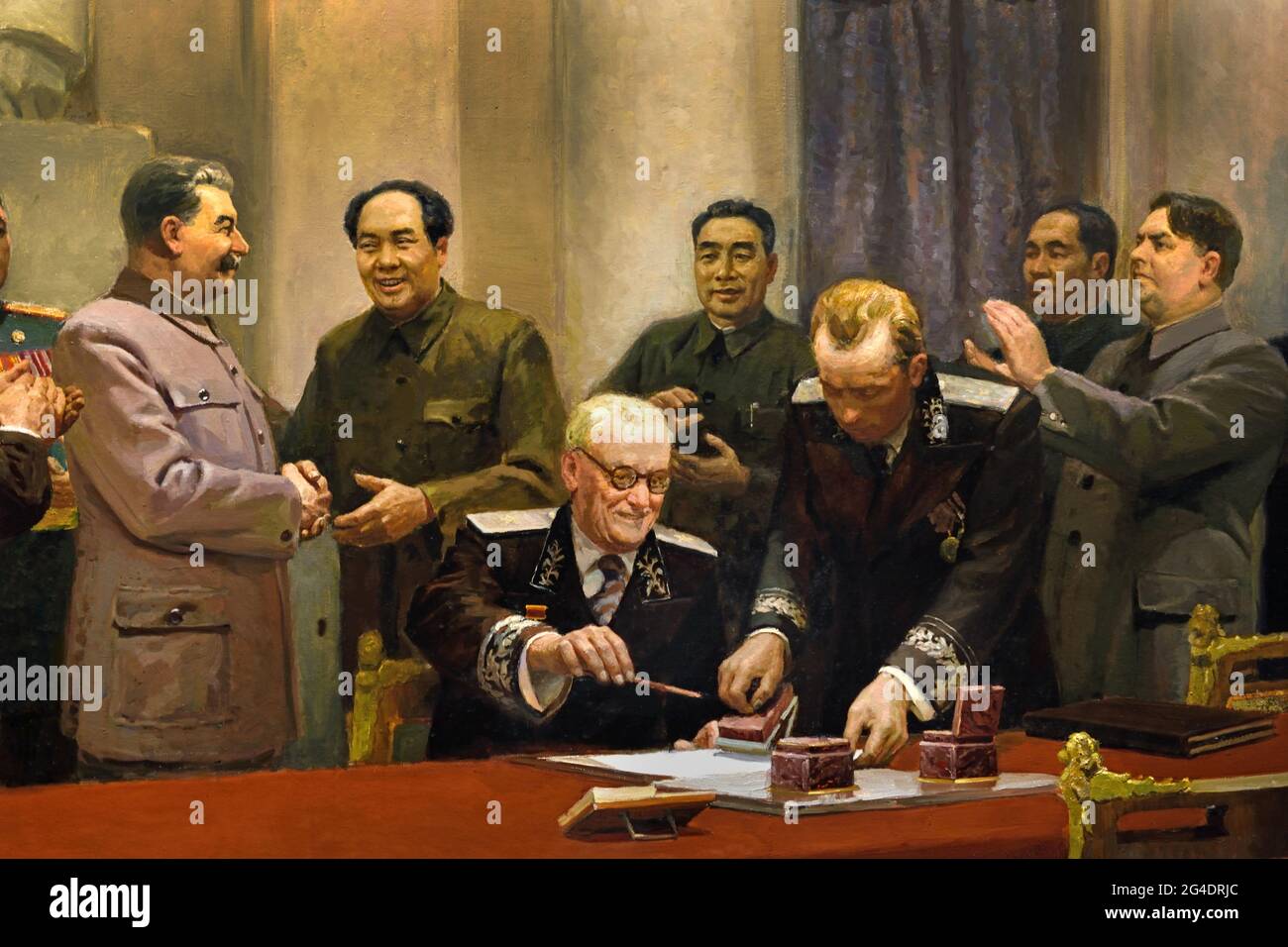 Mao and Stalin - In the Name of Peace ( the signing of the Treaty of Friendship, Union and Mutual assistance between the Soviet Union and the people's Republic of China ) 1950  ( Russian Revolution 1917 - 1945 ) Lenin Stalin Russian propaganda - publicity Russia USSR Stock Photo