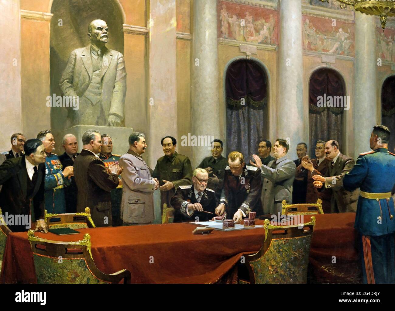 Mao and Stalin - In the Name of Peace ( the signing of the Treaty of Friendship, Union and Mutual assistance between the Soviet Union and the people's Republic of China ) 1950  ( Russian Revolution 1917 - 1945 ) Lenin Stalin Russian propaganda - publicity Russia USSR Stock Photo