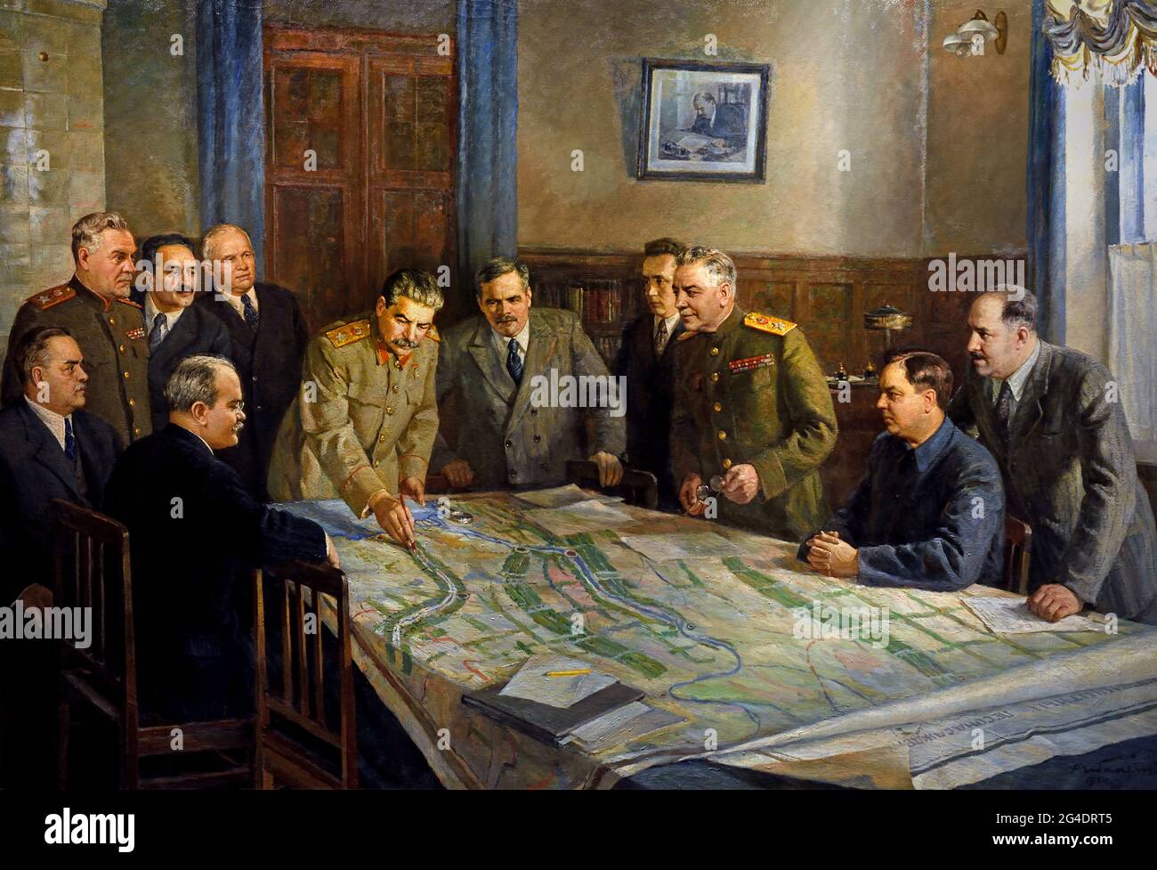 Stalin “For the happiness of the people, The Politburo discussing the plans for some new Socialist Construction Project  ( Russian Revolution 1917 - 1945 ) Lenin Stalin Russian propaganda - publicity Russia USSR Stock Photo