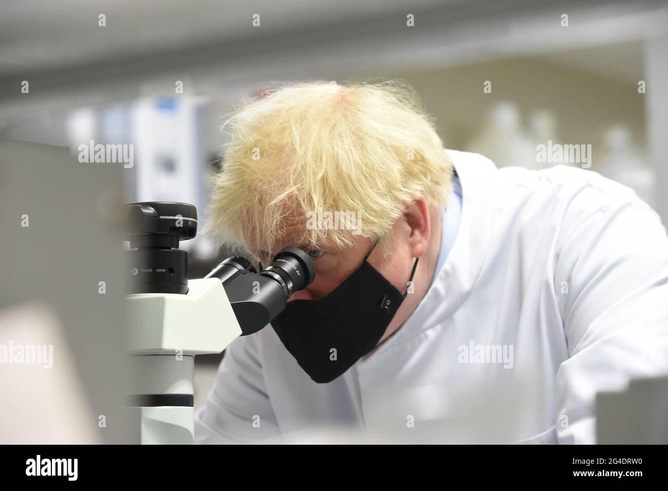 Prime Minister Boris Johnson during a visit to the National Institute for Biological Standards in South Mimms, Hertfordshire. Picture date: Monday June 21, 2021. Stock Photo