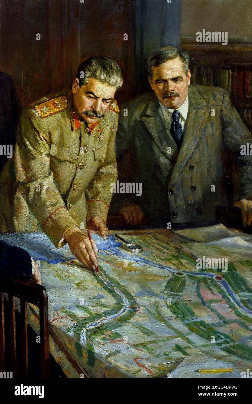 Stalin “For the happiness of the people, The Politburo discussing the plans for some new Socialist Construction Project  ( Russian Revolution 1917 - 1945 ) Lenin Stalin Russian propaganda - publicity Russia USSR Stock Photo